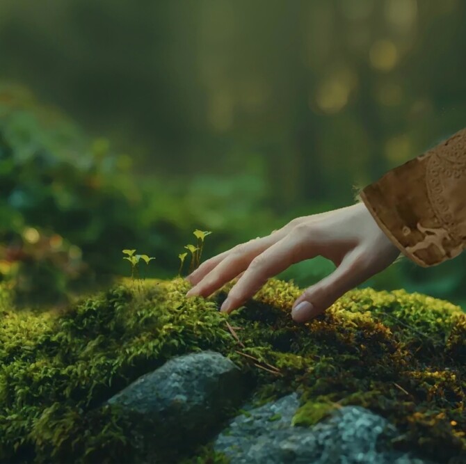 Hand touching moss