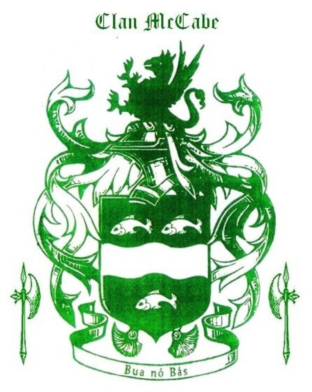 Coat of Arms Mc Cabe 4 with Axes Clan Name above Old English Coat of Arms Mc Cabe 4 with Axes Clan Name above Old English