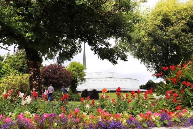 Pilgrims walking in Shrine grounds flowers Basilica 2 Sinead Mallee 1 1024x683